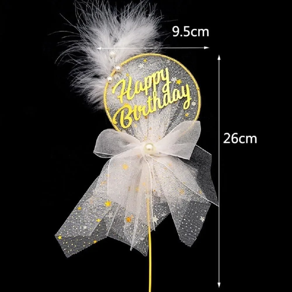 Gold Happy Birthday Cake Toppers with Mesh Bow Pearl Feather Decoration - Round